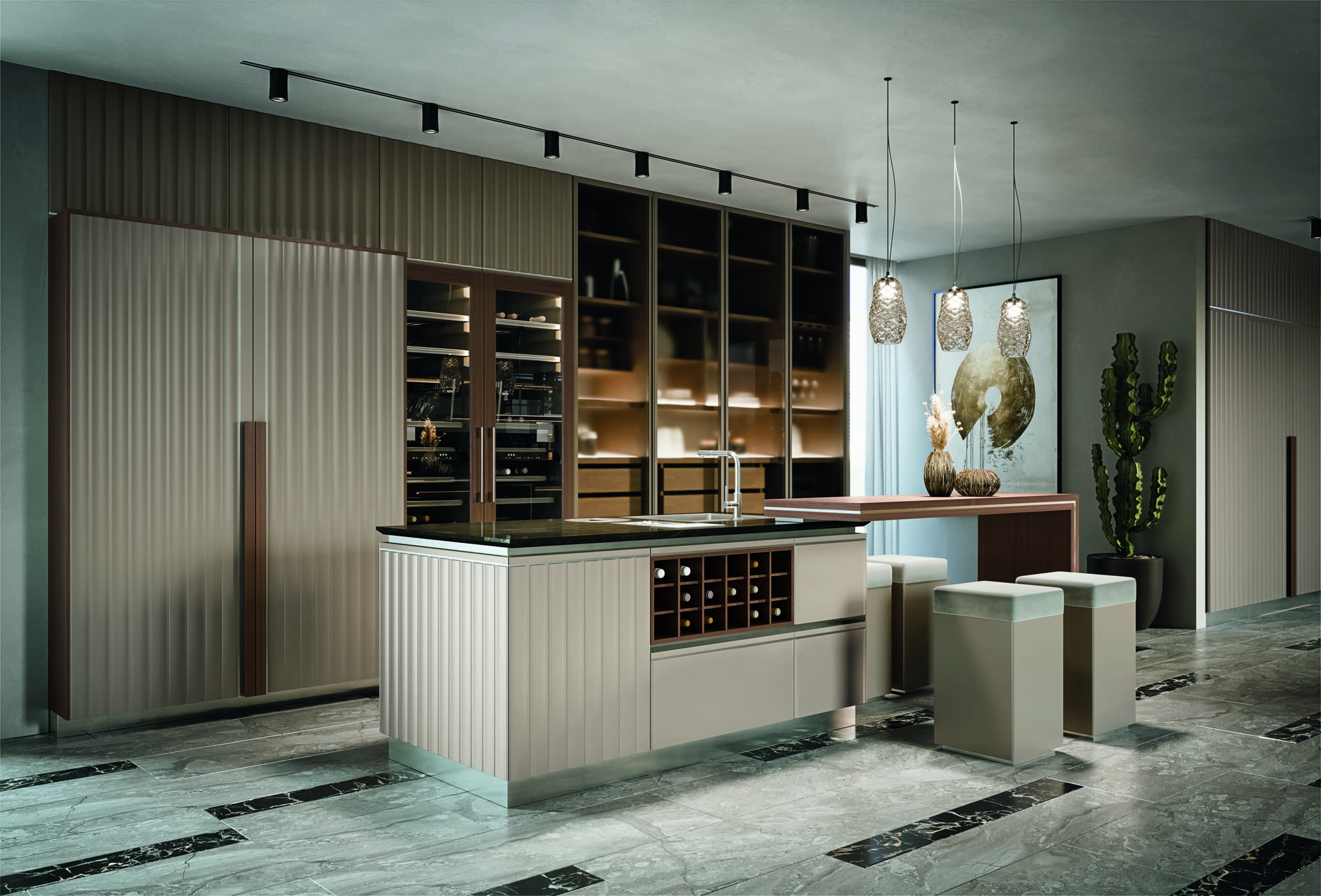 Cucina di lusso moderna su misura Materia di Martini Interiors in noce e finiture metallizzate