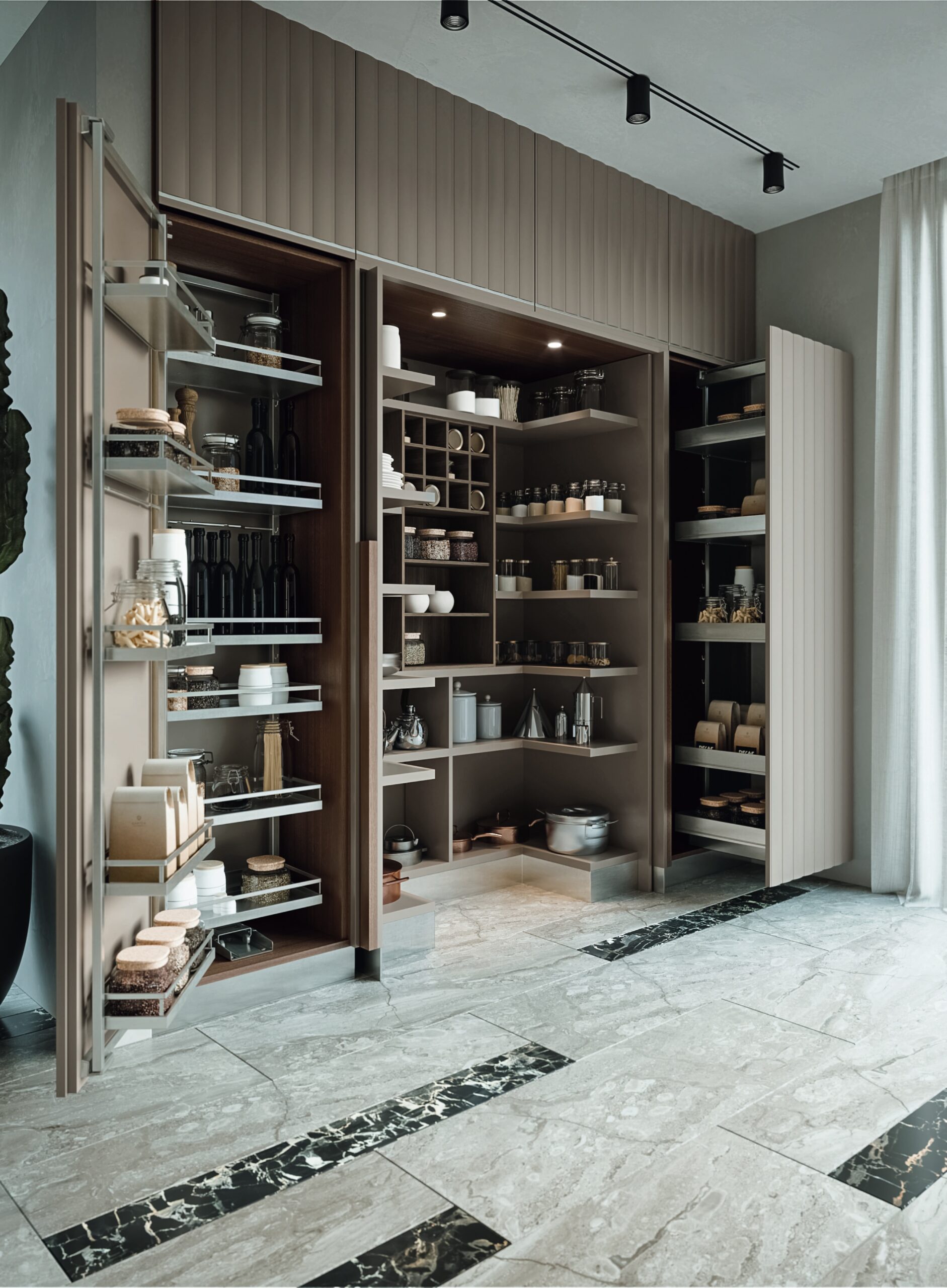 Cucina di lusso moderna su misura Materia di Martini Interiors in noce e finiture metallizzate