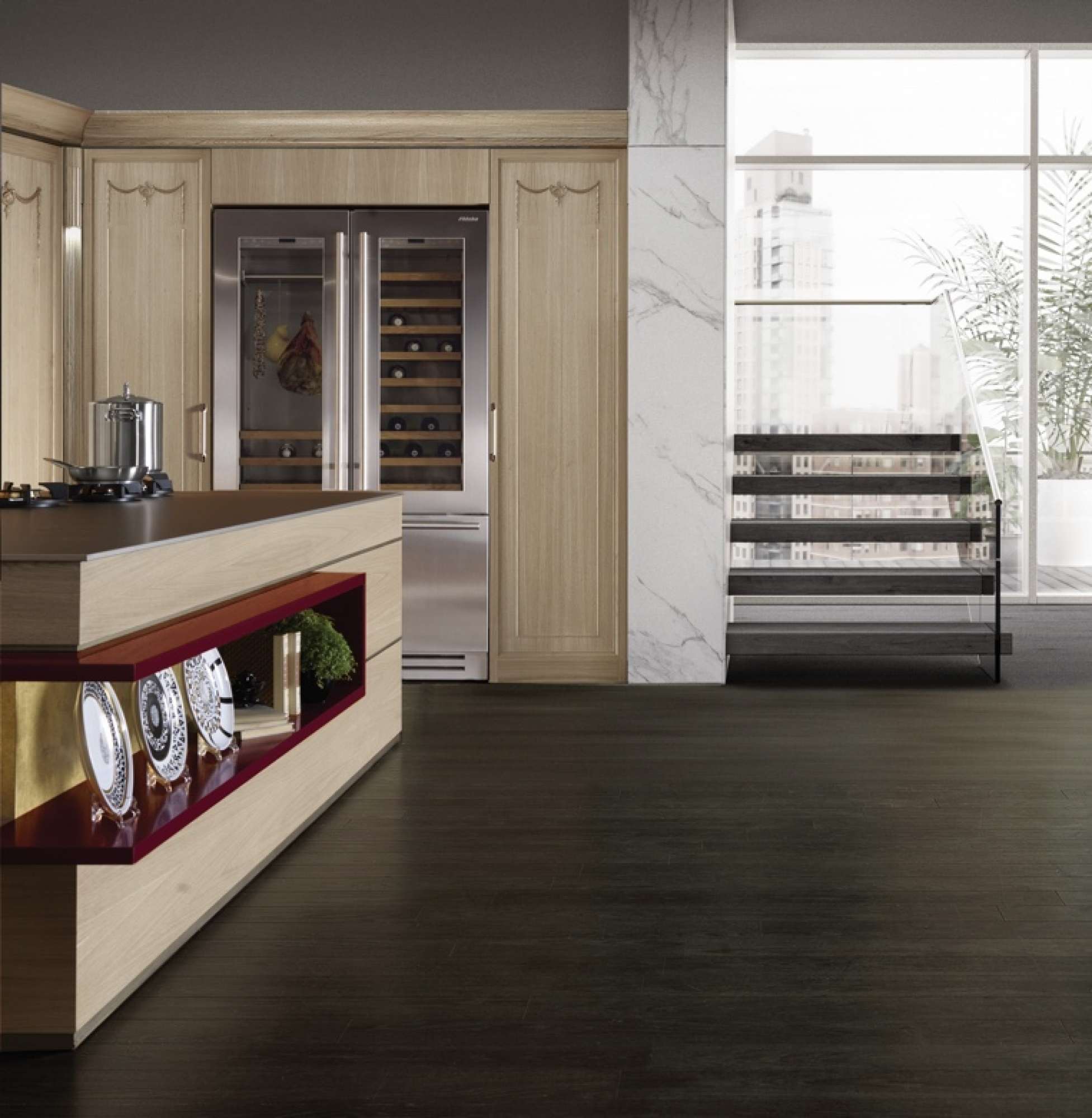 Cucine su misura di lusso. Cucina moderna in legno massiccio. Cucina in rovere con inserti rossi e in foglia oro.