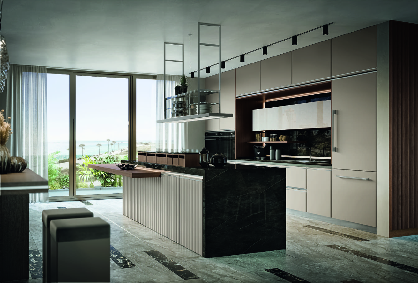 Cucina di lusso moderna su misura Materia di Martini Interiors in noce e finiture metallizzate