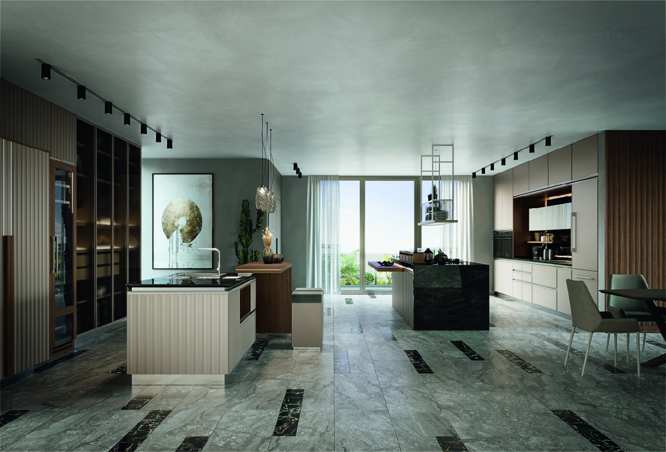 Cucina di lusso moderna su misura Materia di Martini Interiors in noce e finiture metallizzate