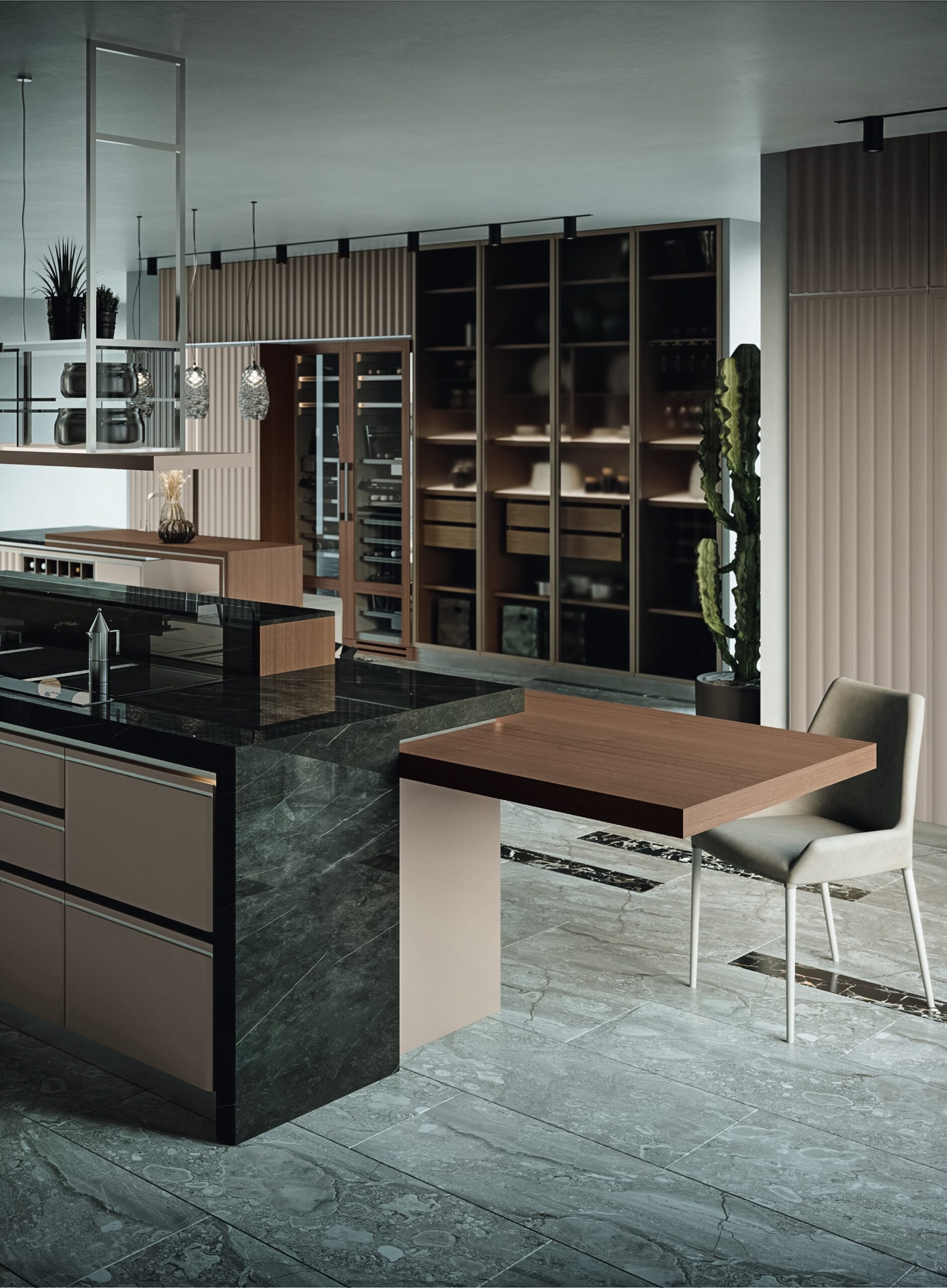 Cucina di lusso moderna su misura Materia di Martini Interiors in noce e finiture metallizzate