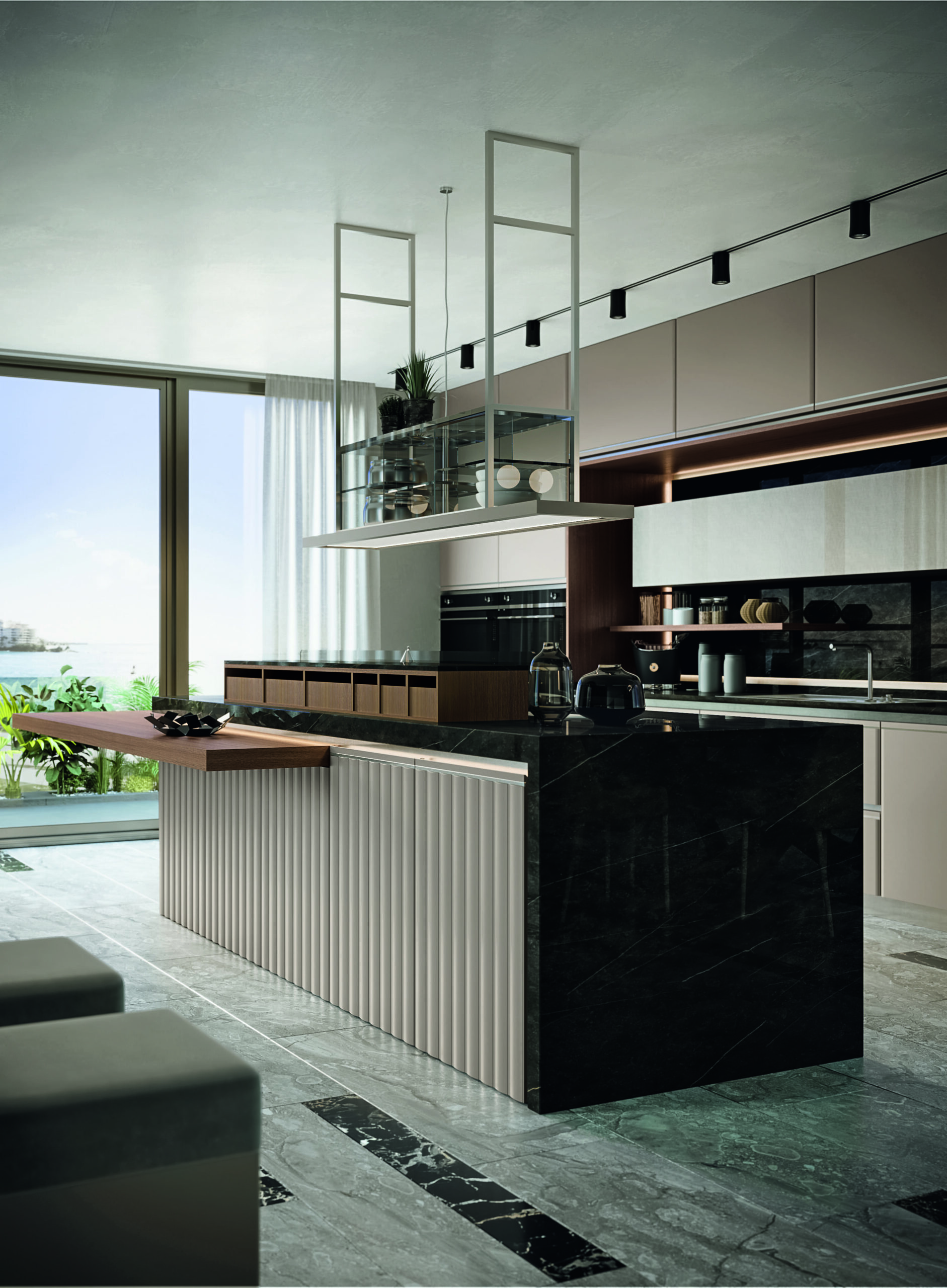 Cucina di lusso moderna su misura Materia di Martini Interiors in noce e finiture metallizzate