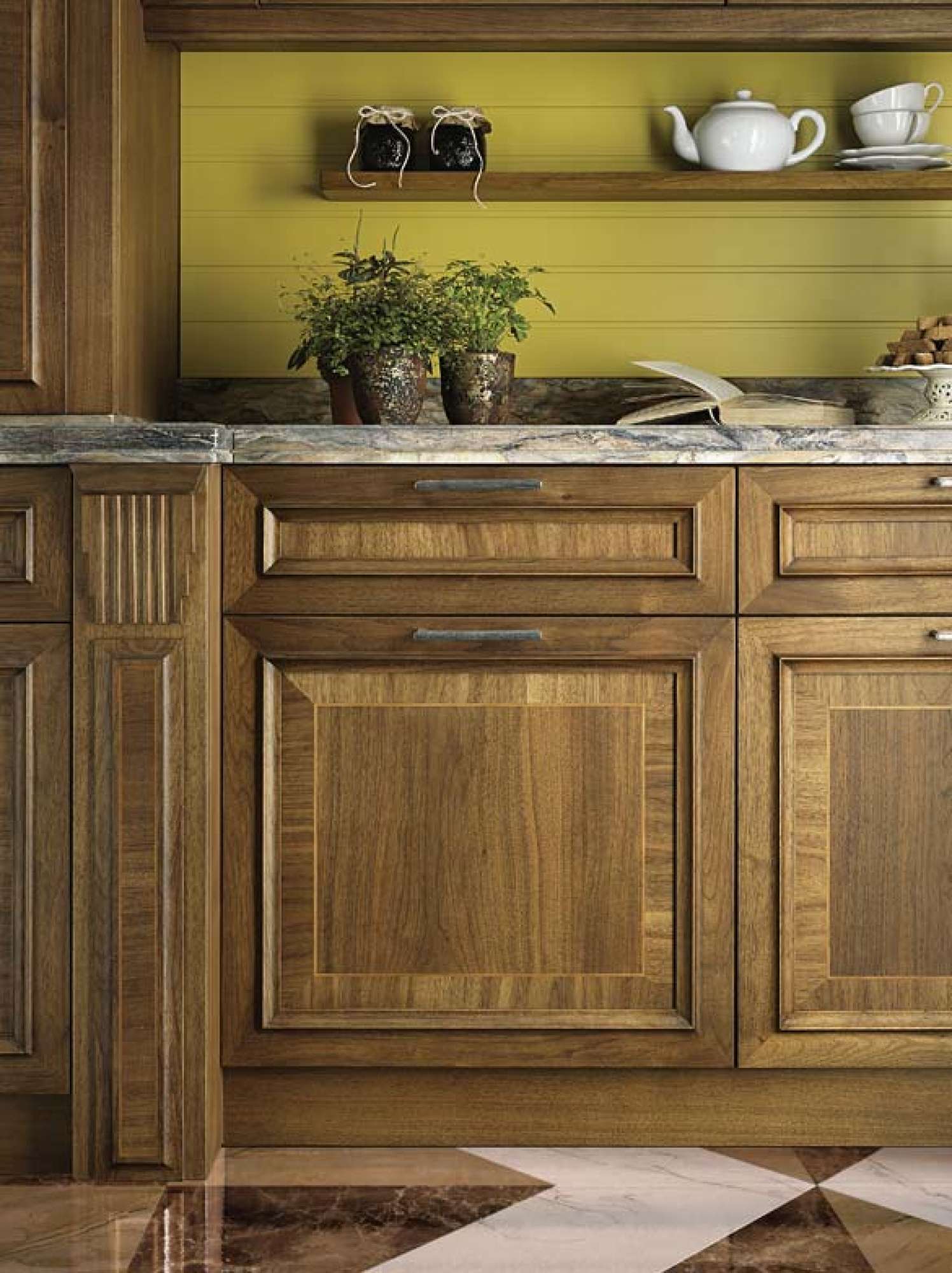 Cucine su misura di lusso. Cucina classica di lusso in legno massiccio di noce ed elementi laccati. Intarsi.