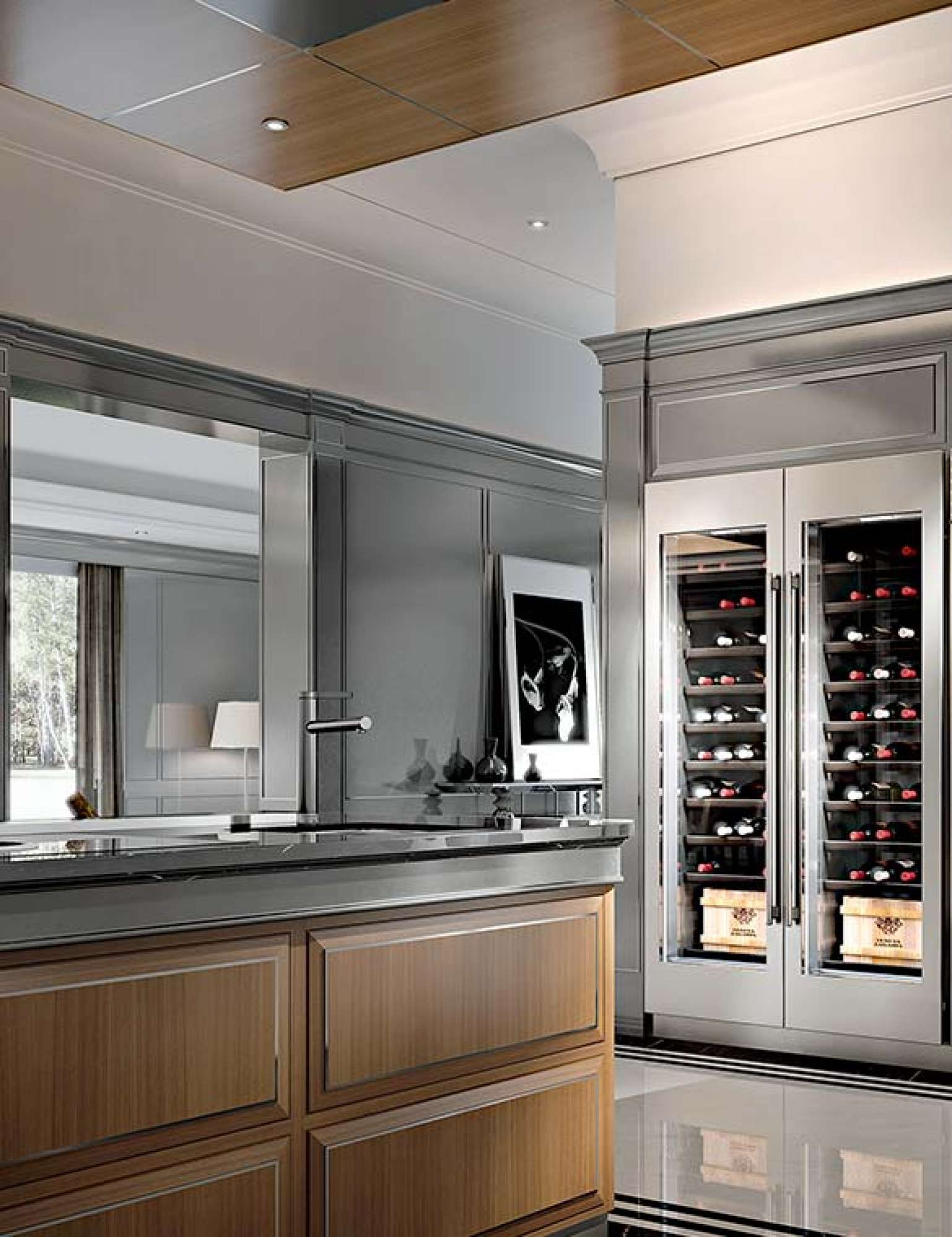 Cucine su misura di lusso. Cucina Essenza Numero5 by Martini Interiors. Cucina moderna decorata. Cucina in in legno massiccio. Cucina con metallo. Cucina lucida. Cucina moderna con acciaio. Cucina laccata grigia con isola in eucalipto.