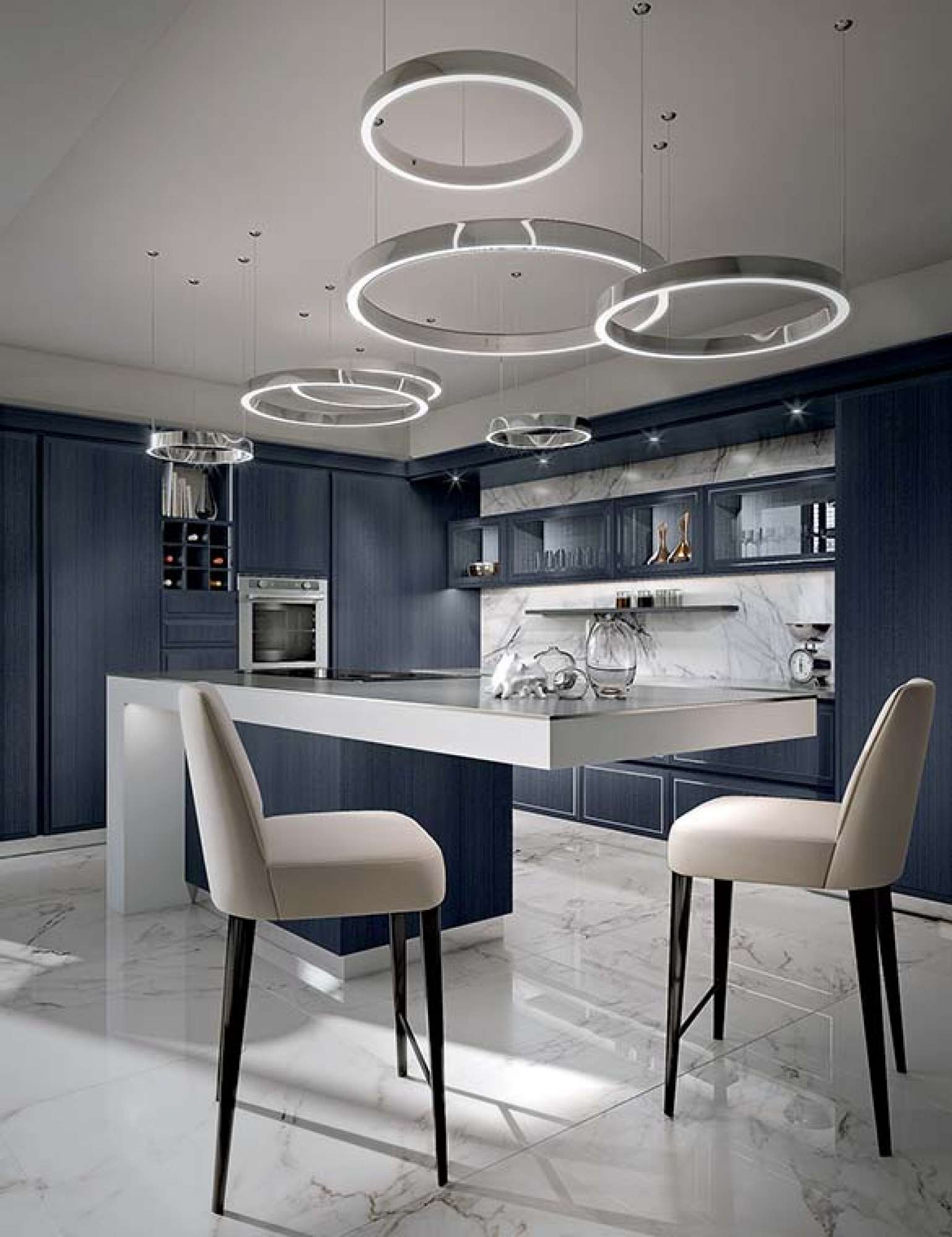 Cucine su misura di lusso. Cucina Essenza Pure by Martini Interiors. Cucina moderna decorata. Cucina blu con isola. Cucina per attico. Cucina con metallo satinato.