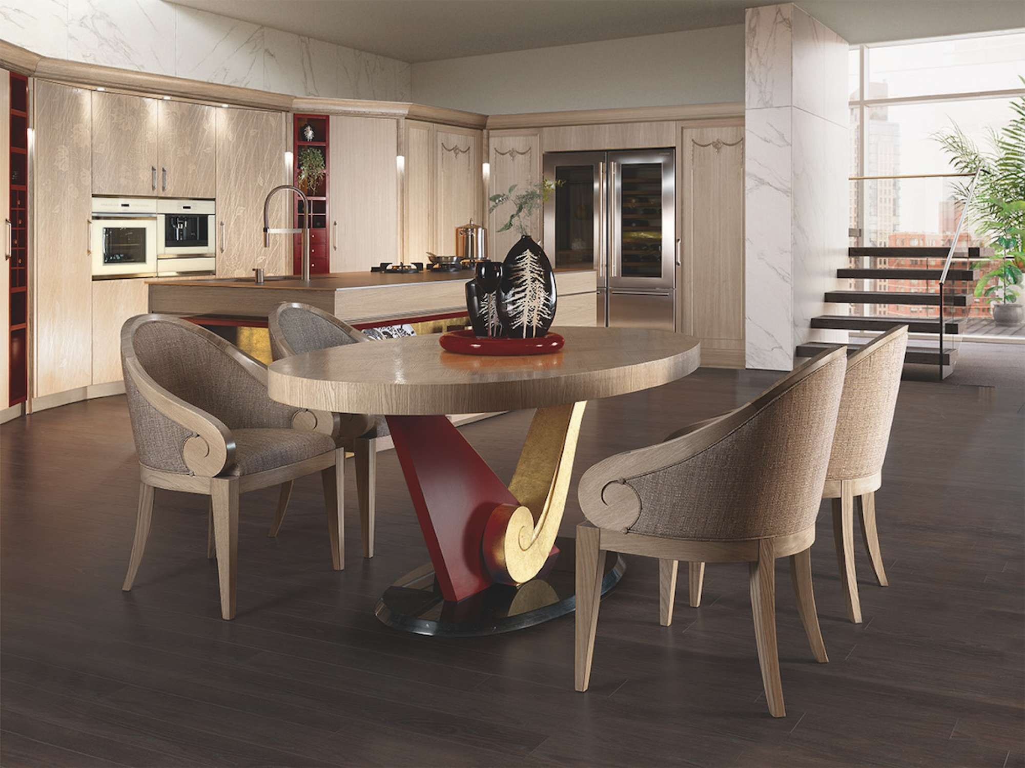 Cucine su misura di lusso. Cucina moderna in legno massiccio. Cucina in rovere con inserti rossi e in foglia oro.