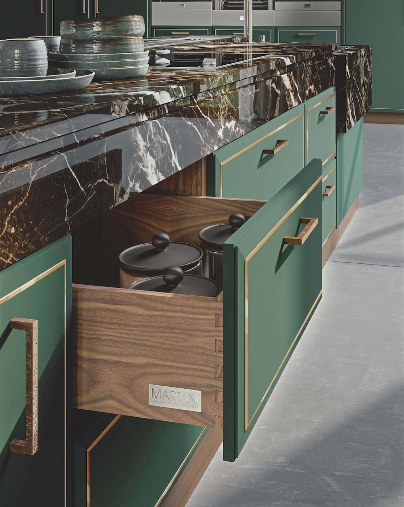 Cucine su misura di lusso. Cucina Essenza Supernatural by Martini Interiors. Cucina moderna decorata. Cucina in in legno massiccio. Cucina con metallo lucido. Cucina lucida. Essenza Supernatural Creta e Noce. Cucina moderna con acciaio.