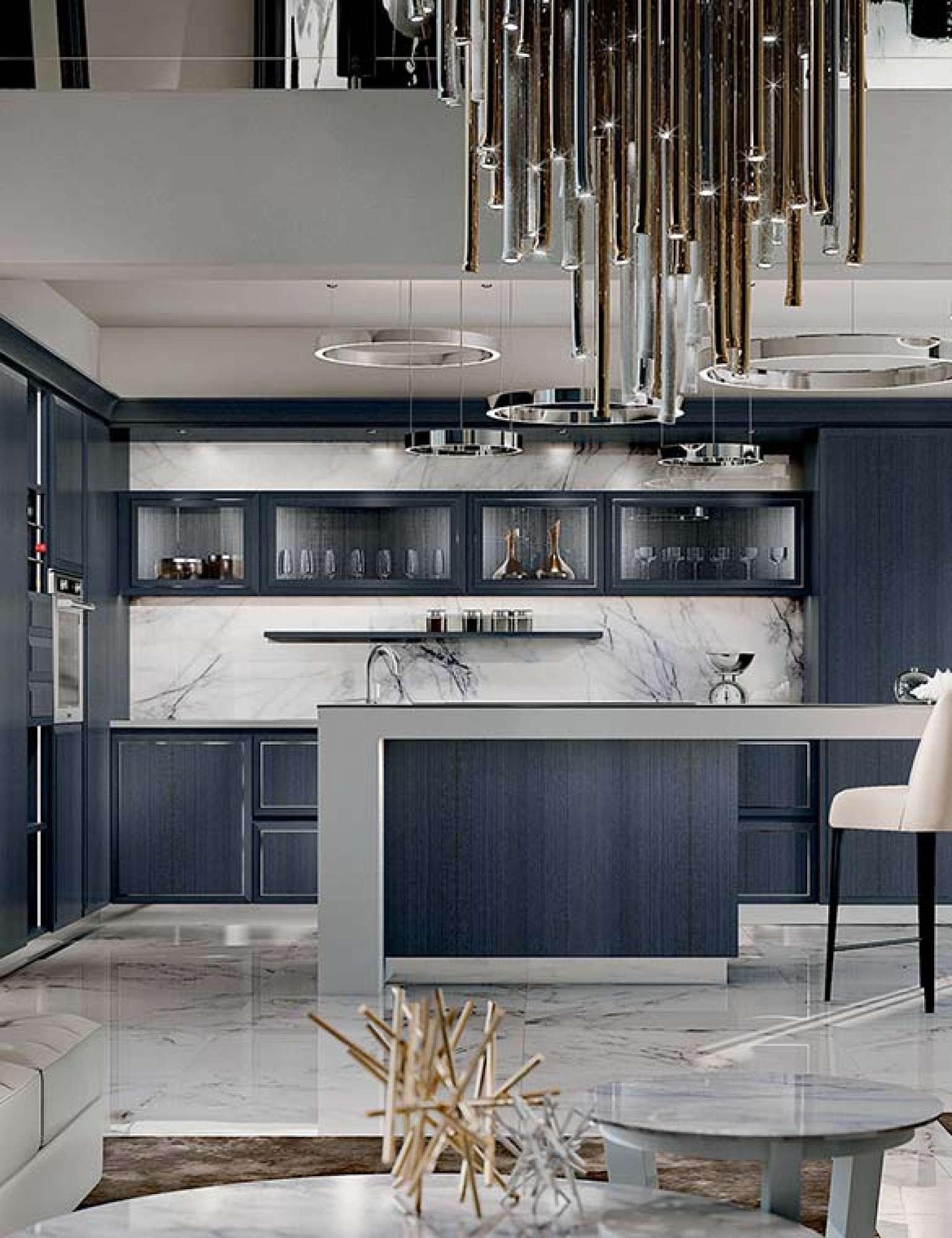 Cucine su misura di lusso. Cucina Essenza Pure by Martini Interiors. Cucina moderna decorata. Cucina blu con isola. Cucina per attico. Cucina con metallo satinato.