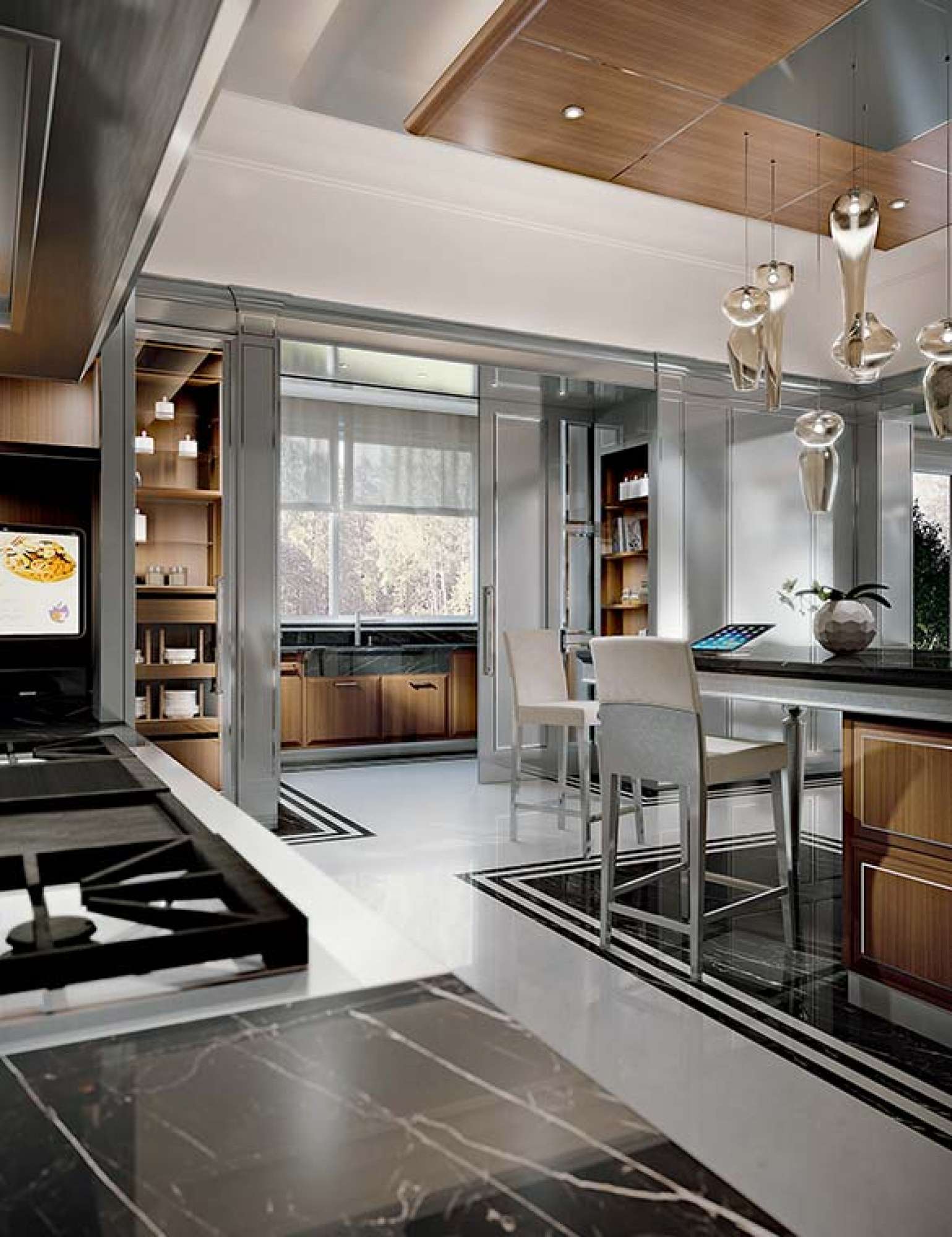 Cucine su misura di lusso. Cucina Essenza Numero5 by Martini Interiors. Cucina moderna decorata. Cucina in in legno massiccio. Cucina con metallo. Cucina lucida. Cucina moderna con acciaio. Cucina laccata grigia con isola in eucalipto.