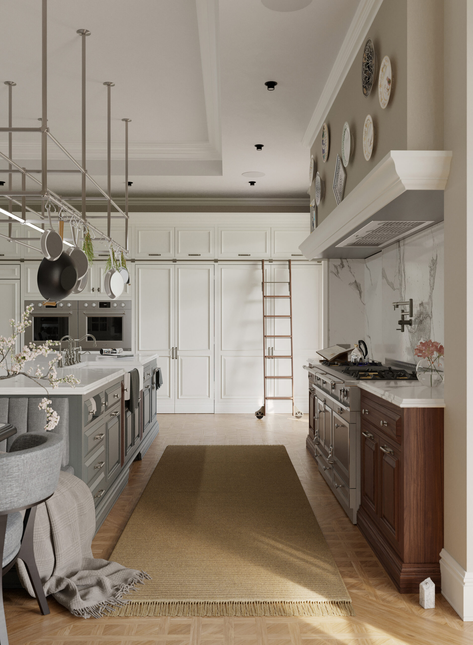 Cucina classica Shaker Mary su misura realizzata da Martini Verona, vista prospettica con isola centrale, parete colonne e zona cottura – martini-verona.it