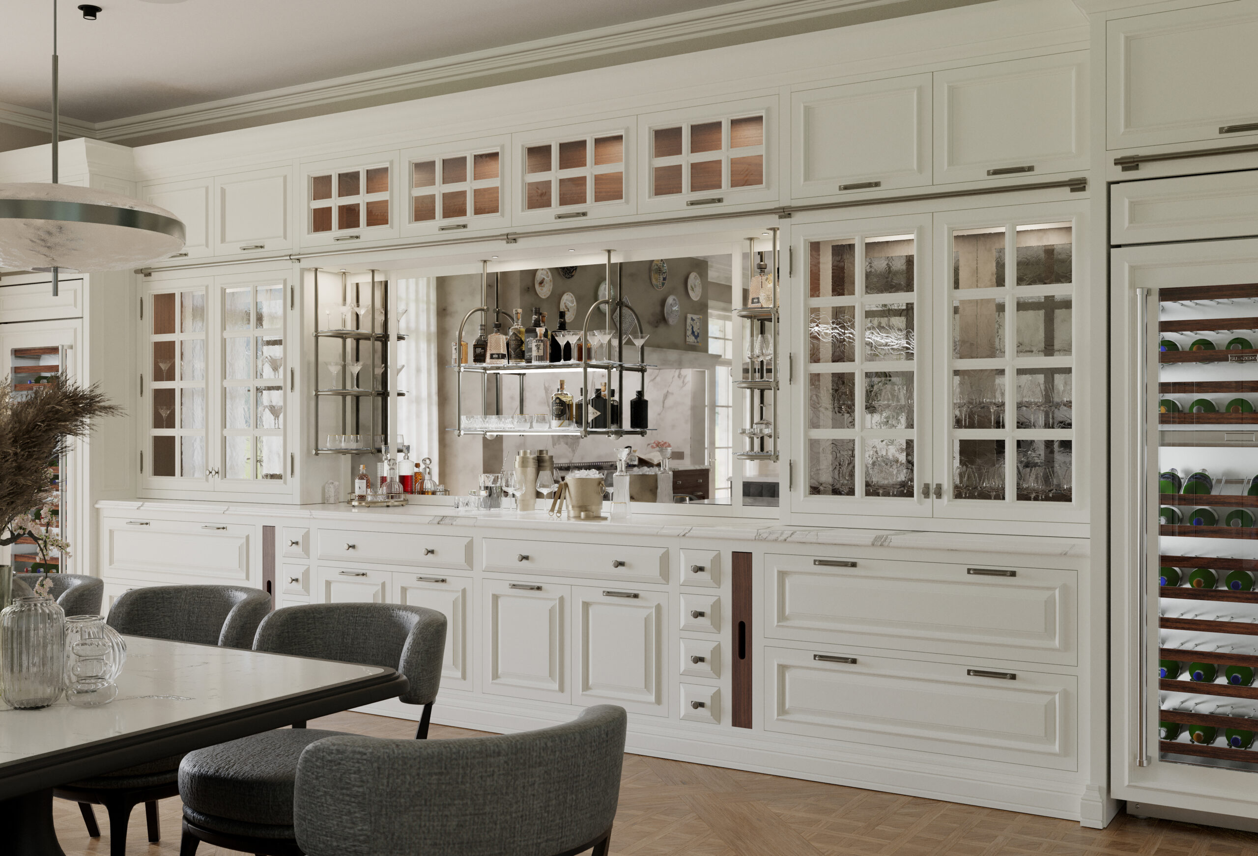 Cucina classica Shaker Mary su misura realizzata da Martini Verona, parete attrezzata con vetrine, zona bar e cantinetta vino integrata – martini-verona.it