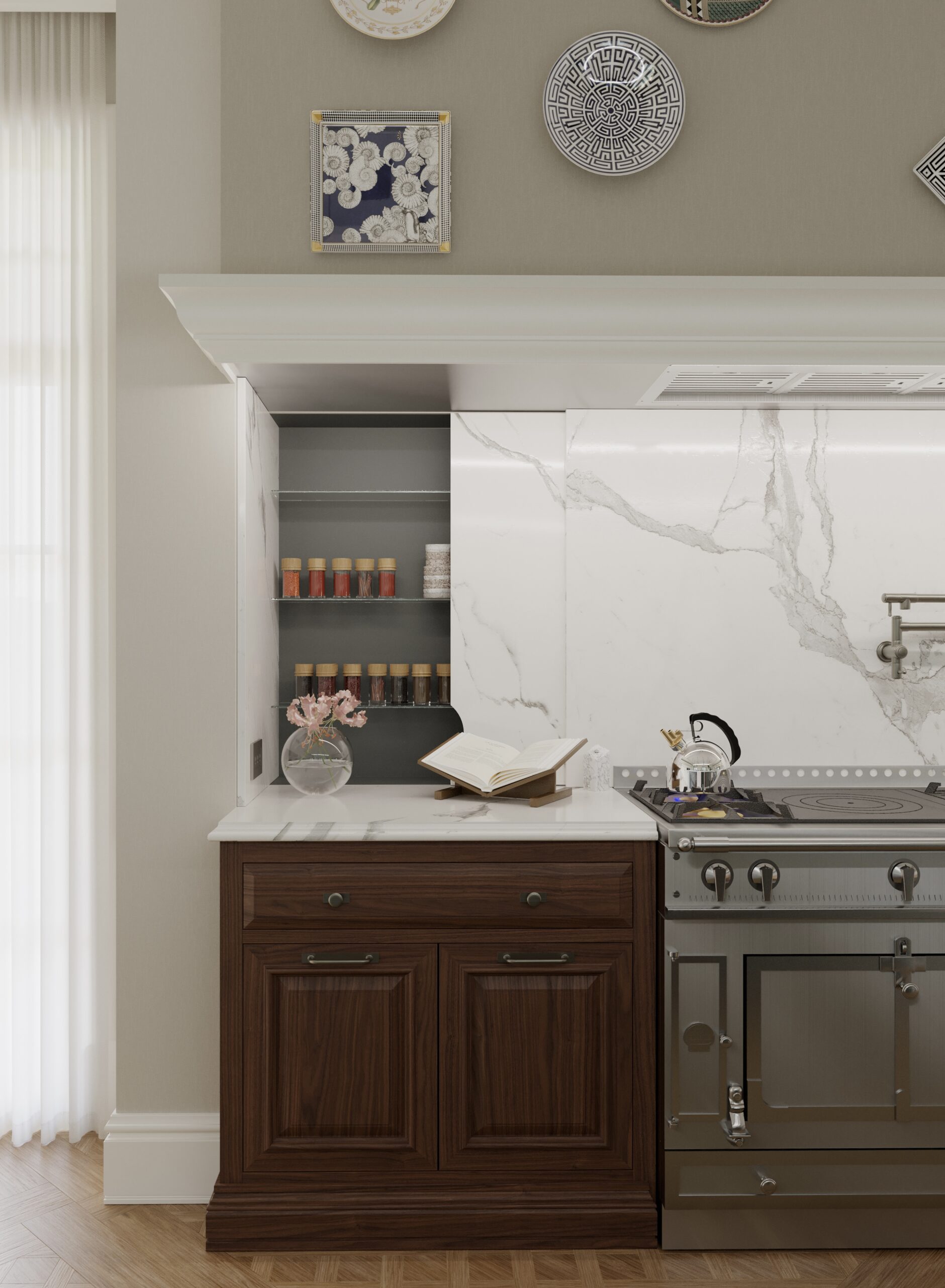 Dettaglio cucina classica Shaker Mary su misura realizzata da Martini Verona, zona cottura con piano in pietra e mobili in legno – martini-verona.it