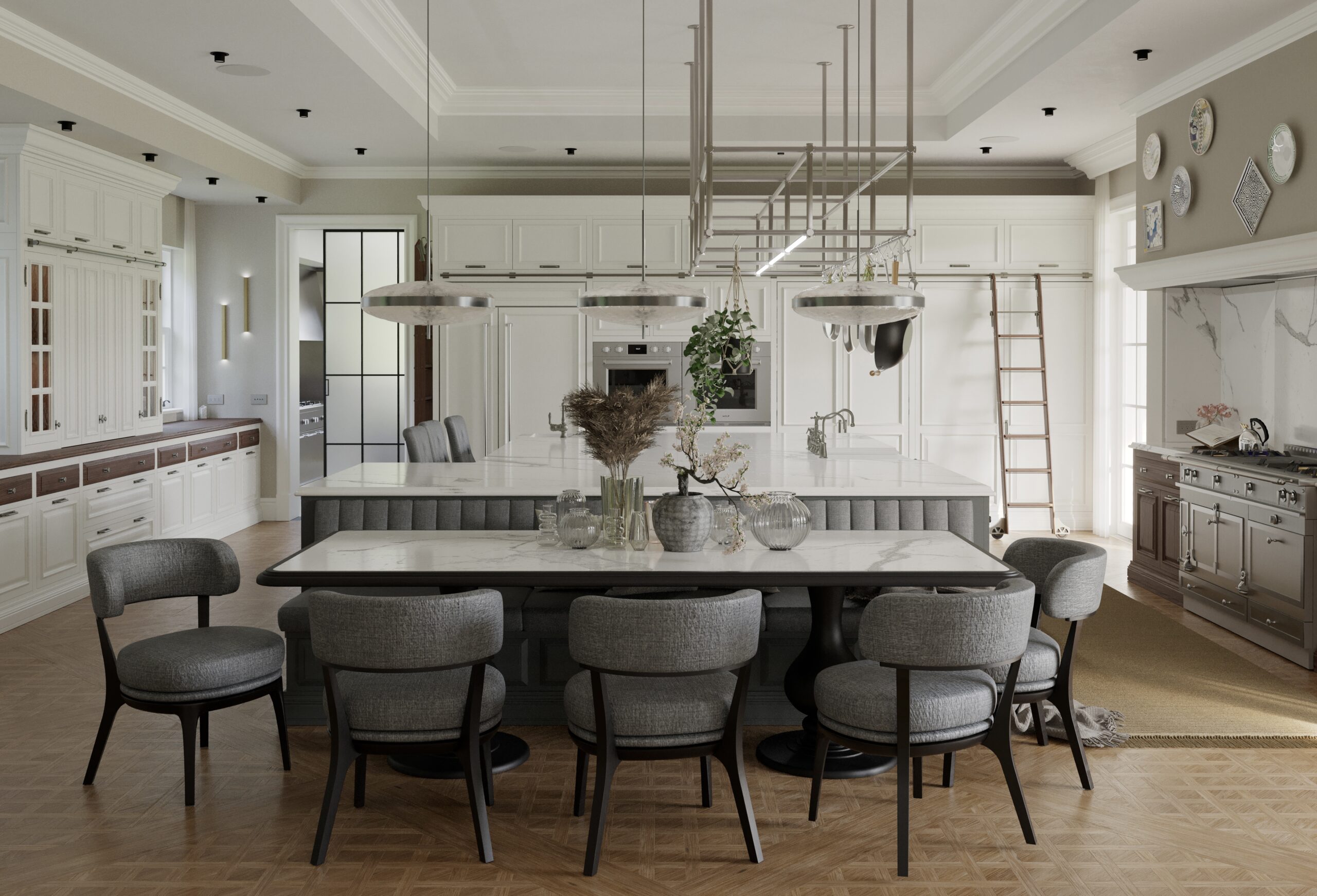 Cucina classica Shaker Mary su misura realizzata da Martini Verona, vista frontale con grande isola centrale, tavolo conviviale e zona cottura – martini-verona.it