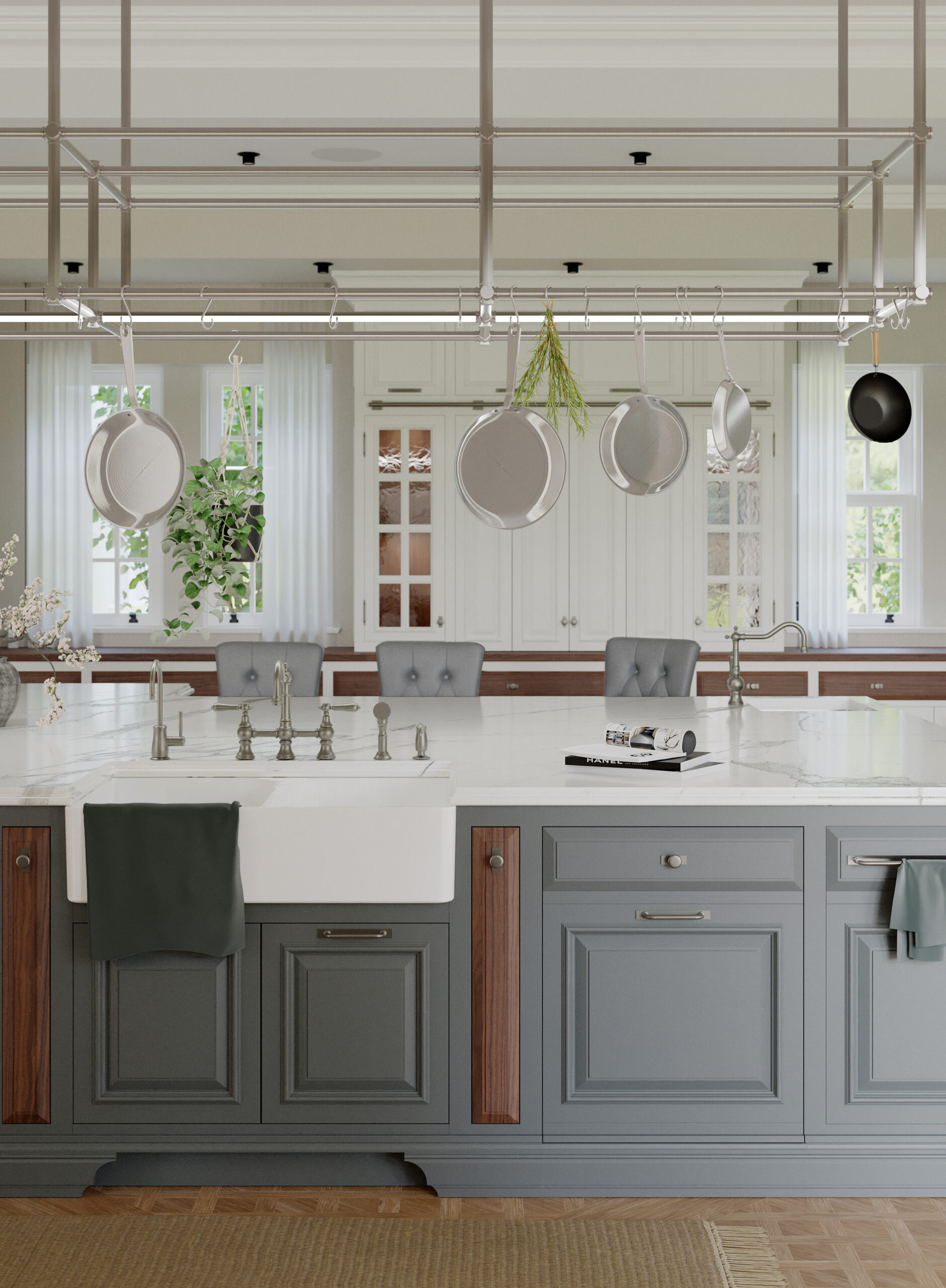 Cucina classica Shaker Mary su misura realizzata da Martini Verona, isola centrale con lavello integrato e struttura sospesa porta utensili – martini-verona.it