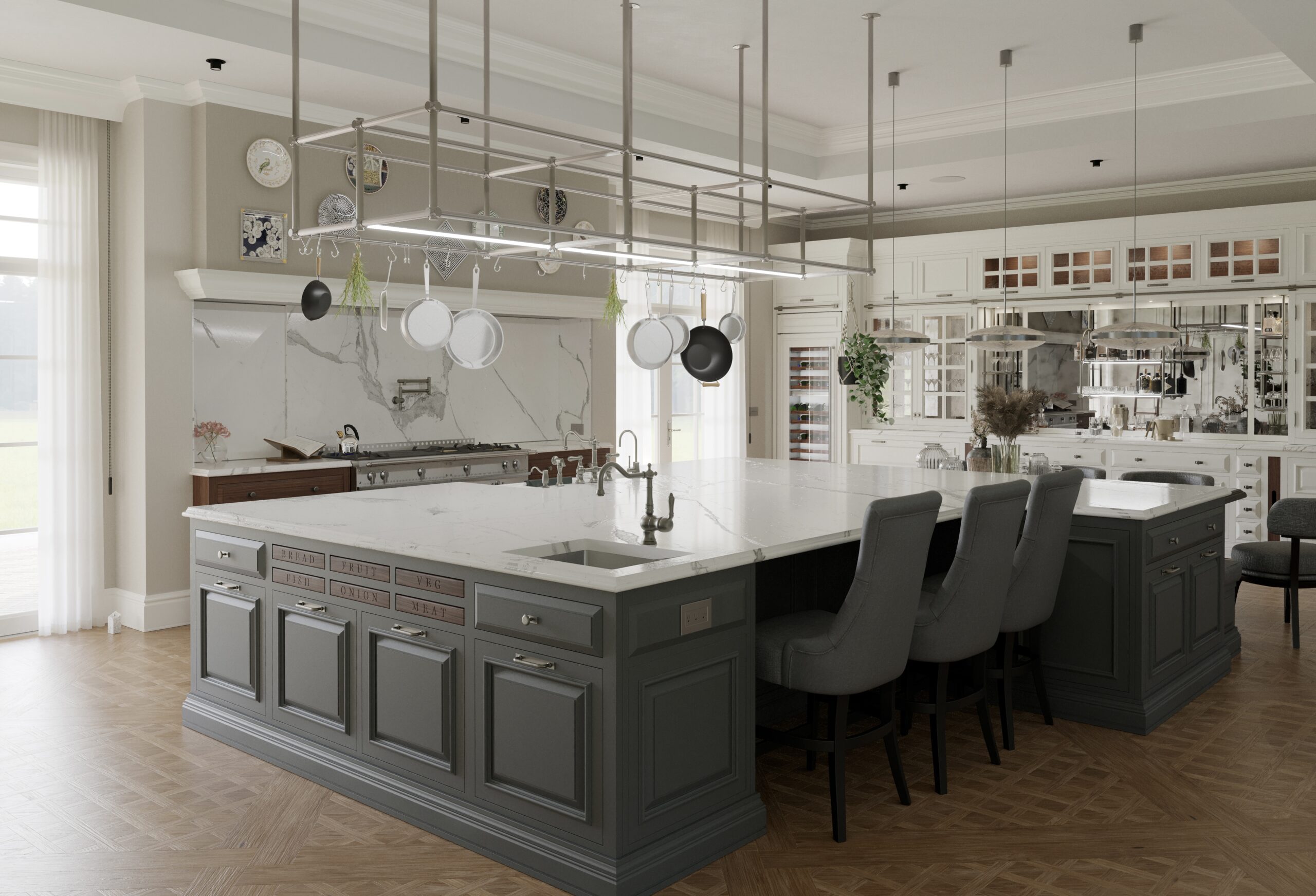 Cucina classica Shaker Mary su misura realizzata da Martini Verona, grande isola centrale con sedute e struttura sospesa porta utensili – martini-verona.it