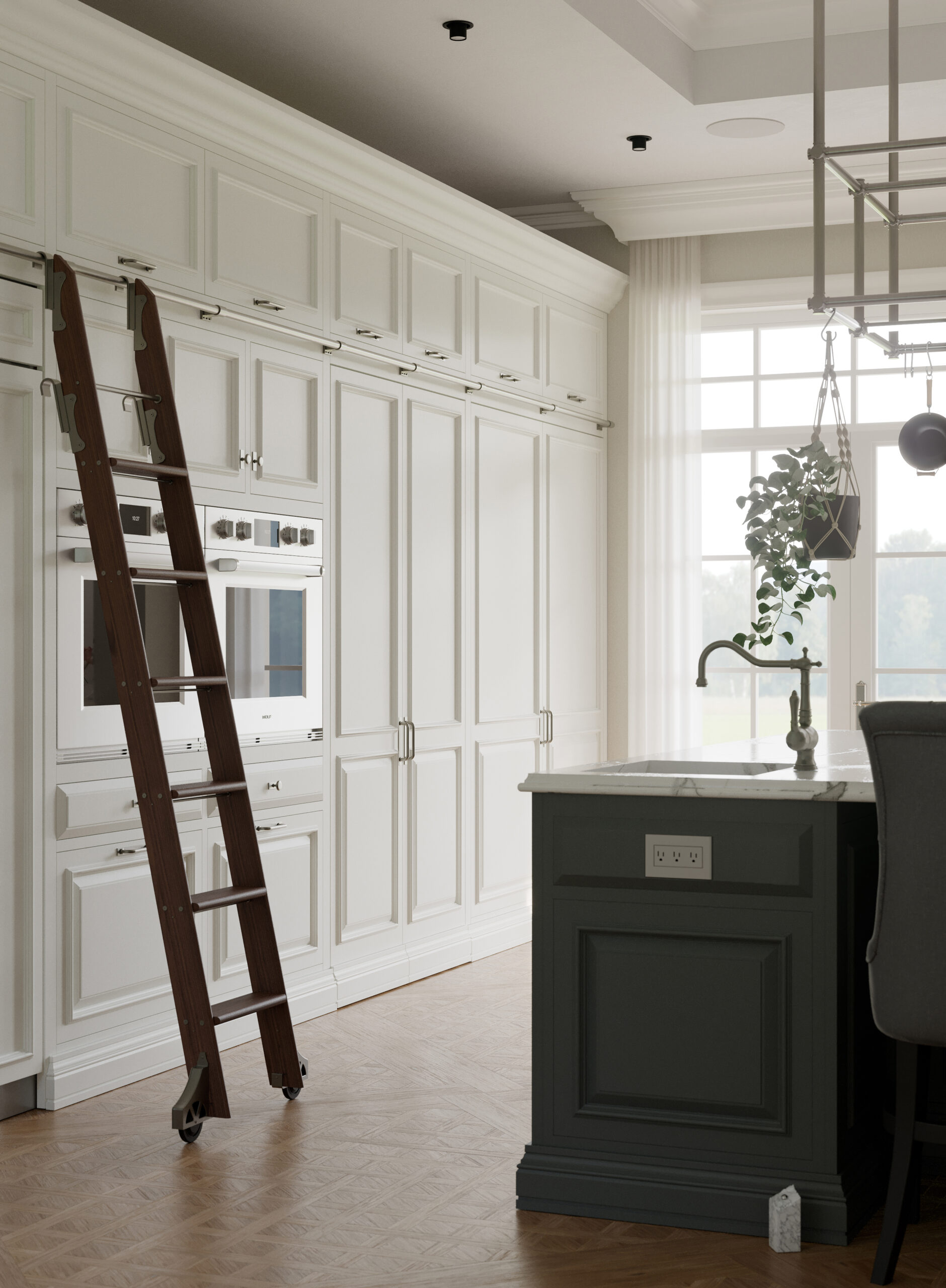Cucina classica Shaker Mary su misura realizzata da Martini Verona, parete colonne con scala scorrevole e isola centrale – martini-verona.it